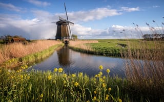Картинка Нидерланды, Мельница, Облака, Природа, облачно, мельница, Водный, ветряная, голландия, канал, мельницы, облако