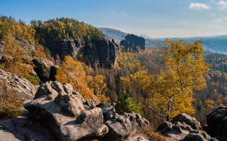 Картинка Германия, Saxony, осенние, Горы, дерева, дерево, гора, Деревья, скалы, Природа, Утес, деревьев, скале, Скала, Осень