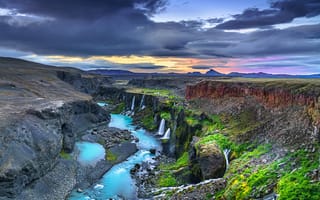 Картинка Исландия, Sigöldugljufur, Пейзаж, Каньон, облако, Природа, каньоны, каньона, Облака, облачно
