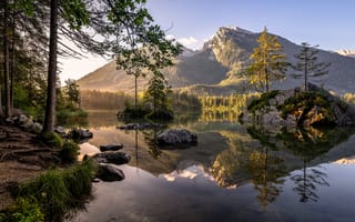 Картинка Бавария, Альпы, Германия, гора, Горы, Утро, Озеро, Природа, альп