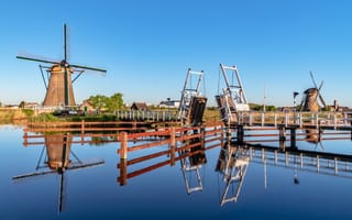 Обои Нидерланды, Мельница, Мосты, Природа, голландия, Zaanse, мельницы, ветряная, канал, Водный, мельница, Schans, мост
