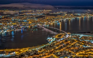 Картинка Норвегия, Tromsø, город, ночью, Мосты, Ночные, Дома, мост, Сверху, Здания, ночи, Города, Ночь