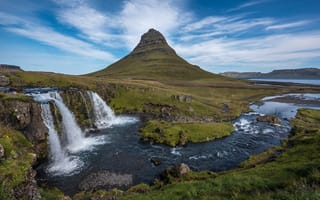 Картинка Исландия, Kirkjufell, Kirkjufoss, Пейзаж, Горы, Водопады, Природа, гора