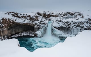 Картинка Исландия, Aldeyjarfoss, Northeast, Снег, Водопады, Зима, снеге, снегу, Природа, снега, зимние
