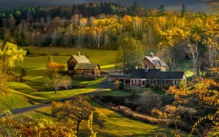 Картинка штаты, Vermont, panorama, осенние, америка, США, дерево, дерева, Осень, Дома, Деревья, деревьев, Природа, Здания