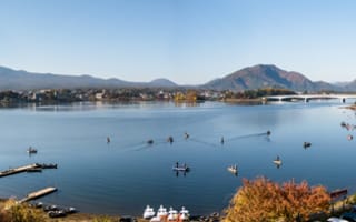 Картинка Фудзияма, Япония, Kawaguchi, панорамная, Природа, Озеро, гора, Горы, Lake, Панорама