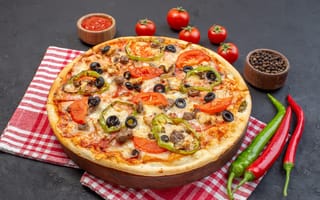 Картинка Пицца, Томаты, перец, Еда, Продукты, Пища, чёрный, чили, питания, Перец, Острый, Помидоры