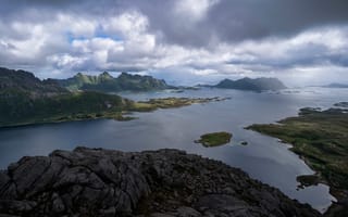 Обои Лофотенские, острова, Vestpollen, Фьорд, Норвегия, Горы, гора, Природа, облако, облачно, Облака