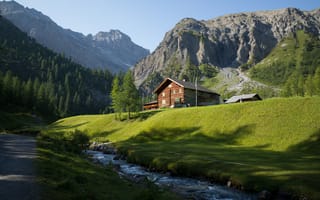 Картинка альп, Швейцария, ручеек, Альпы, Горы, Природа, Дома, Graubünden, гора, Ручей, Здания