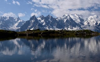 Картинка Альпы, Франция, Озеро, альп, отражении, Lac, Горы, Природа, панорамная, гора, Blanc, Отражение, отражается, Панорама