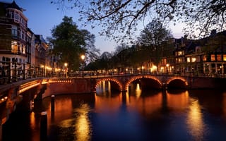 Картинка Амстердам, голландия, Ветки, ветвь, канал, Нидерланды, Уличные, мост, ветке, Города, Водный, Вечер, Мосты, на, город, фонари, ветка