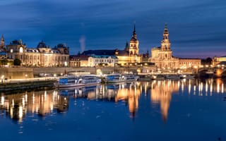 Картинка Дрезден, Германия, панорамная, Отражение, река, Города, Мосты, отражается, мост, Панорама, суда, Речные, город, Реки, отражении, речка