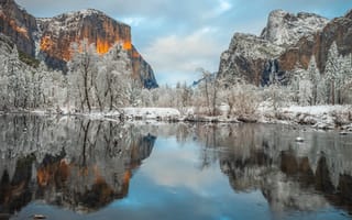 Картинка Йосемити, США, Зима, Парки, Природа, зимние, америка, штаты, Вода, парк, воде, отражении, отражается, Отражение