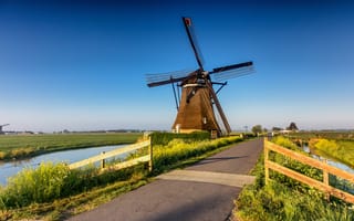 Картинка голландия, мельницы, Нидерланды, Streefkerk, Водный, Мельница, мельница, Дороги, ветряная, канал, Природа