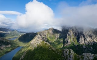 Картинка Лофотенские, острова, облачно, Природа, Норвегия, гора, облако, Горы, Сверху, Облака