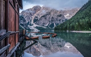 Картинка Италия, Lago, di, Горы, Озеро, Braies, гора, Лодки