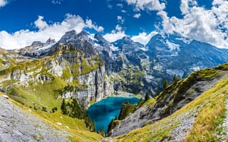 Картинка альп, Швейцария, Облака, Природа, облако, Пейзаж, Горы, облачно, гора, Oeschinensee, Озеро, Альпы
