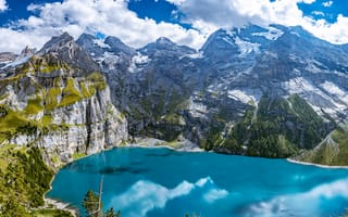 Картинка альп, Швейцария, Альпы, Oeschinensee, облачно, Природа, Горы, гора, Облака, облако, Озеро
