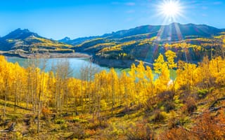 Картинка америка, панорамная, Осень, штаты, США, Горы, осенние, Пейзаж, Панорама, Colorado, Природа, гора, Озеро