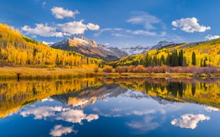 Картинка америка, панорамная, Пейзаж, Горы, штаты, Природа, гора, Панорама, Озеро, США, Colorado, Осень, осенние