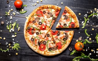 Картинка Пицца, Помидоры, Еда, Кусок, кусочки, кусочек, питания, Продукты, Пища, часть, Томаты