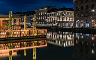 Картинка Швеция, Gothenburg, ночи, Дома, Здания, ночью, Города, Ночные, Водный, Ночь, город, канал