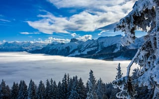 Картинка Швейцария, Горы, Снег, облачно, Природа, Озеро, снега, облако, снегу, Облака, гора, снеге