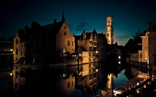 Картинка Брюгге, Бельгия, ночи, Города, Дома, Ночь, город, Водный, канал, Ночные, Здания, ночью