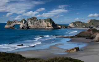 Картинка Новая, Зеландия, Beach, скалы, Побережье, берег, Утес, Wharariki, Пляж, Скала, пляжа, пляжи, скале, Природа, пляже