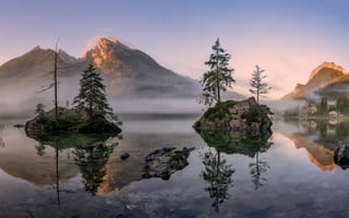 Картинка Бавария, Альпы, Германия, Озеро, гора, тумана, Горы, альп, Утро, Природа, Туман, тумане