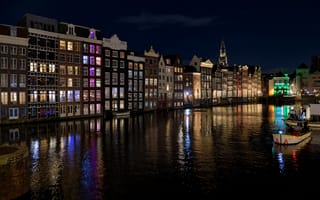 Картинка Амстердам, голландия, Здания, Нидерланды, ночью, Водный, Дома, Города, Ночь, Ночные, город, канал, ночи