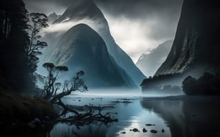 Картинка Фьорд, Туман, тумане, гора, Природа, Облака, тумана, облачно, облако, Горы