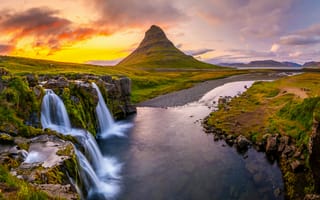 Картинка Исландия, Kirkjufell, река, Природа, Водопады, Рассветы, речка, гора, Горы, Реки, рассвет, закат, закаты