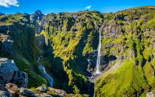 Картинка Исландия, Панорама, Скала, Múlagljúfur, панорамная, скалы, Утес, Водопады, скале, гора, Природа, Горы, Canyon