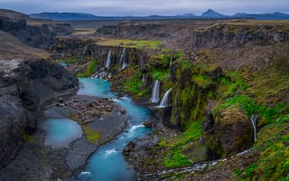 Картинка Исландия, Sigoldugljufur, Утес, речка, Falls, Природа, Каньон, каньона, река, Реки, Скала, скале, скалы, каньоны, Водопады