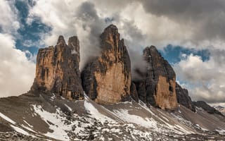 Картинка Италия, Tre, скале, Lavaredo, di, Утес, Горы, Скала, Облака, Cime, гора, облачно, Природа, скалы, облако