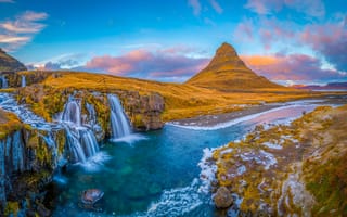 Картинка Киркьюфетль, гора, Исландия, Kirkjufell, Реки, Горы, речка, река, Пейзаж, Природа, Водопады