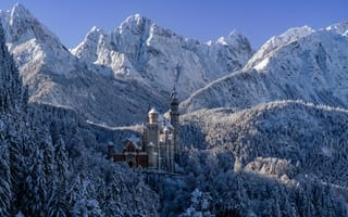 Картинка Бавария, Нойшванштайн, Башня, Германия, гора, альп, Альпы, замок, Замки, башни, Природа, Горы