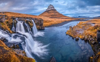 Картинка Киркьюфетль, гора, Природа, речка, панорамная, Исландия, Панорама, река, Реки, Горы, Водопады