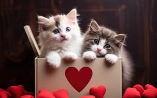 Картинка Котята, Сердце, две, Двое, два, милая, сердца, коробке, котят, коробки, серце, сердечко, вдвоем, Животные, милый, котенка, Милые, Коробка, Миленькие, животное, котенок