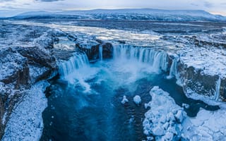 Картинка Исландия, Панорама, снеге, панорамная, Водопады, Godafoss, Снег, Природа, снегу, снега