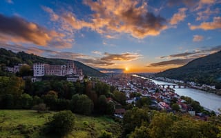 Картинка Германия, Heidelberg, закат, закаты, мост, Здания, Города, Дома, город, Реки, Рассветы, река, речка, Мосты, рассвет