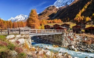 Картинка Швейцария, Valais, гора, Природа, Мосты, осенние, Горы, река, речка, Камни, Камень, Осень, Реки, мост