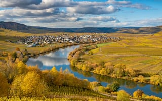 Картинка Германия, Leiwen, облачно, осенние, Природа, Пейзаж, Реки, Облака, река, речка, облако, Осень