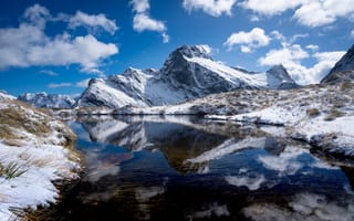 Картинка Новая, Зеландия, Озеро, отражении, отражается, Облака, Горы, облако, Отражение, гора, облачно, Природа