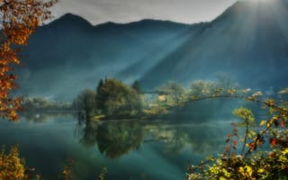 Картинка Лучи, света, Горы, Озеро, D'Idro, Пейзаж, Природа, гора, Италия, Lago