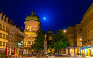 Картинка Берн, Швейцария, Городская, ночи, площади, город, Ночные, Здания, луной, Луна, площадь, Города, ночью, луны, Дома, Ночь, городской