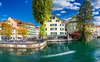 Картинка Швейцария, Панорама, Luzern, Реки, река, речка, Города, облачно, Здания, облако, город, Дома, Облака, панорамная
