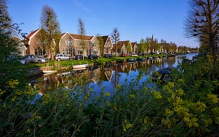 Картинка голландия, Monnickendam, канал, Здания, Водный, город, Отражение, Города, отражается, Нидерланды, Дома, отражении