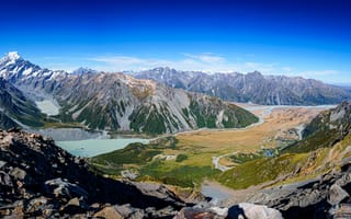 Картинка Новая, Зеландия, Пейзаж, Природа, гора, Озеро, панорамная, Панорама, Горы